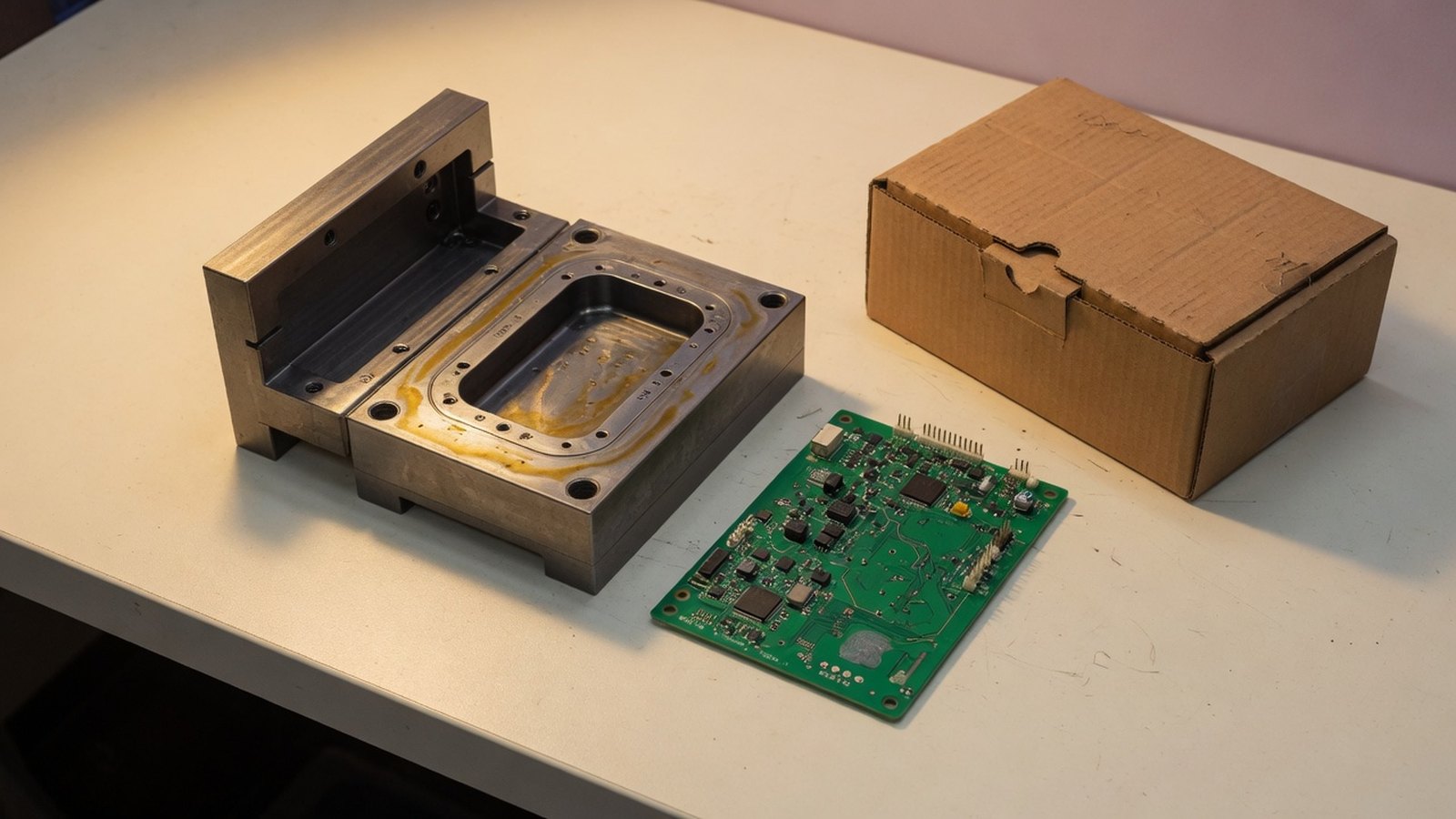 Open mold insert, a circuit board and an export carton on a bench