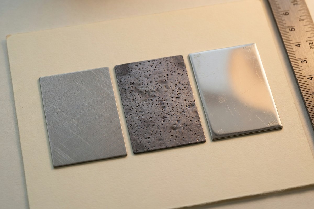 Three steel coupons with different finishes on cream paper