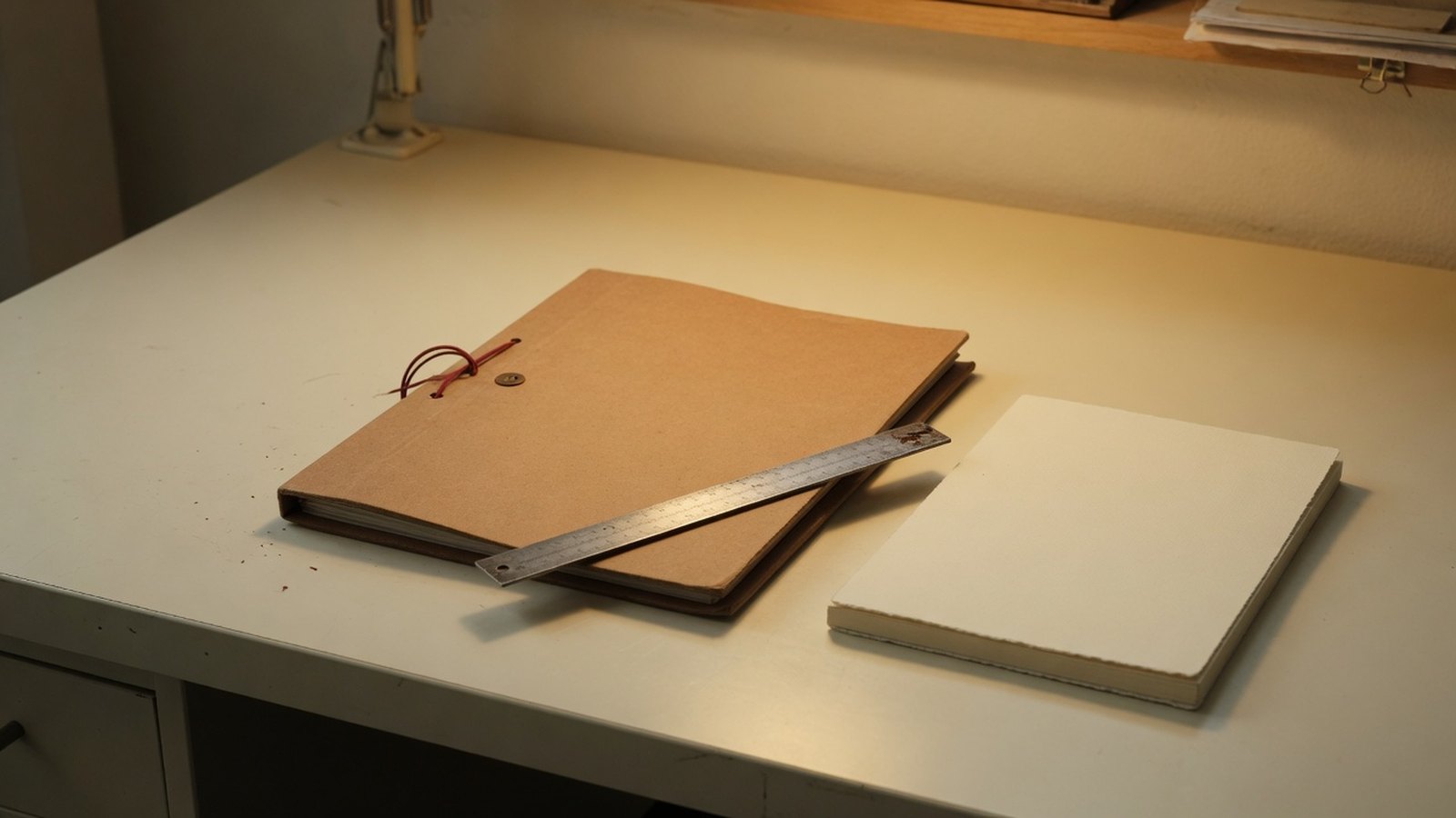 A kraft shop folder, a steel rule and a blank pad on a cream desk