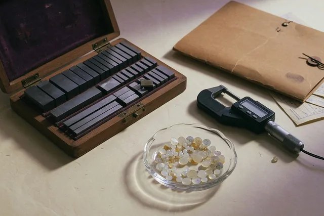 Illustration: Gauge blocks, a micrometer and incoming material on cream paper.