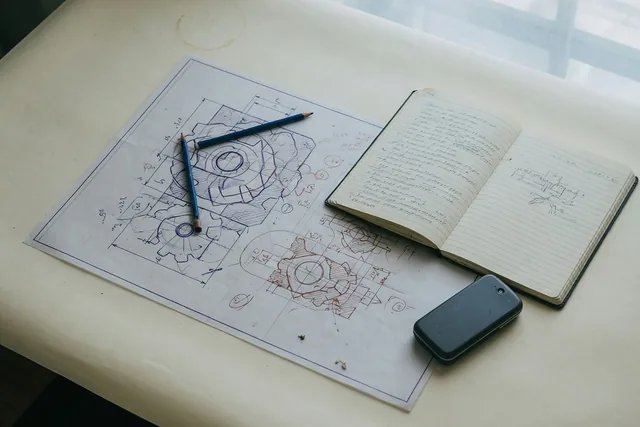 Illustration: A marked drawing, a notebook and a phone on a cream desk.