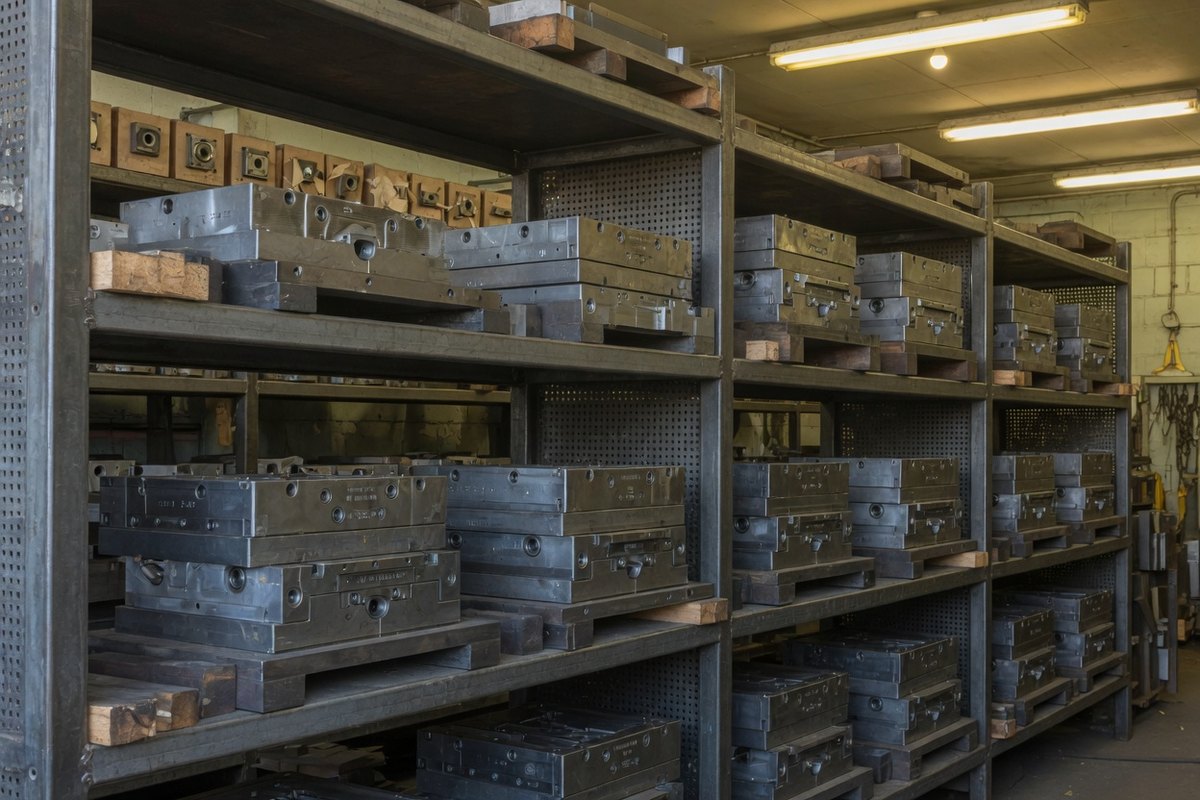 Steel molds stored on racks in a toolroom