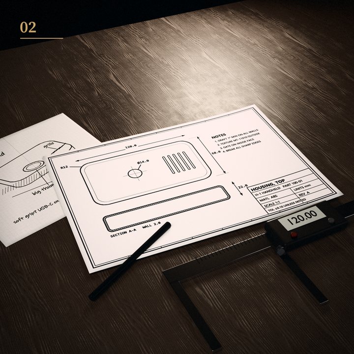 A dimensioned drawing of the part on a workbench with a digital caliper and a pencil