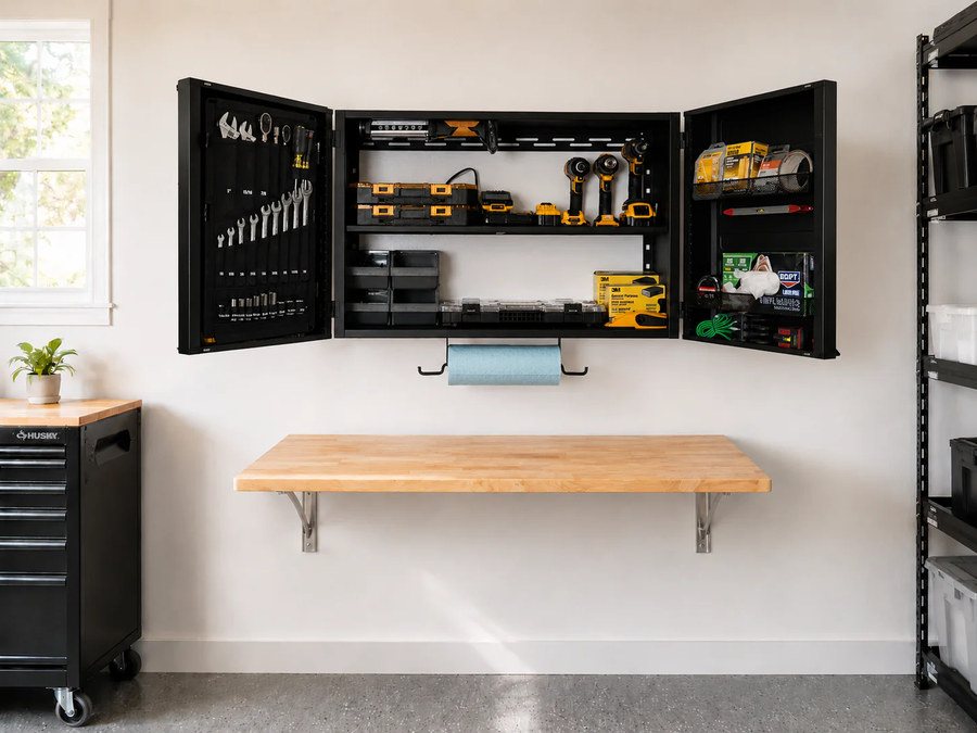 BLAT wall cabinet open on a garage wall, tools inside