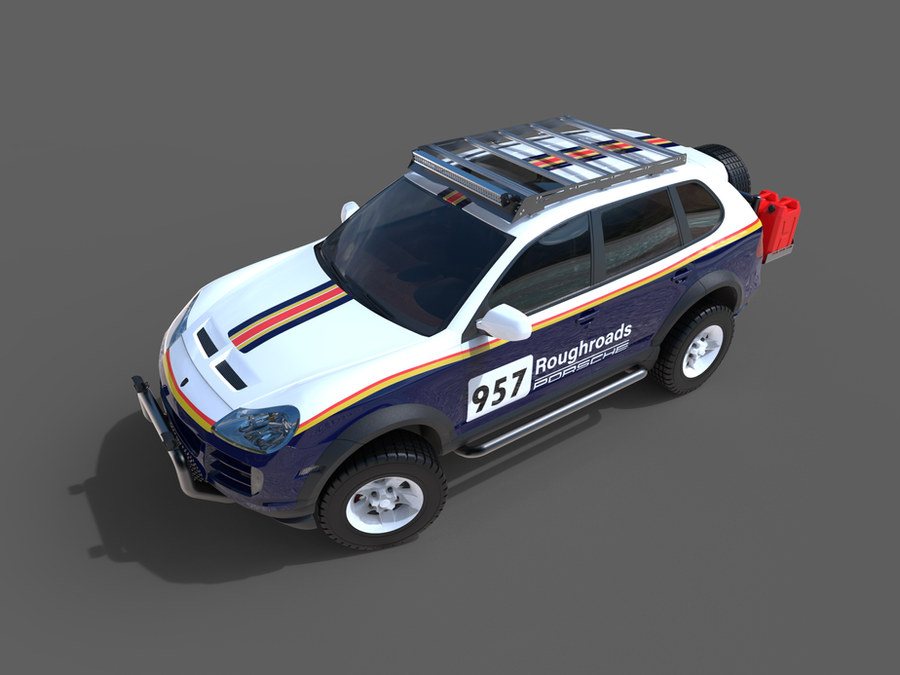 Rendering of a rally-livery SUV with a striped tribute design
