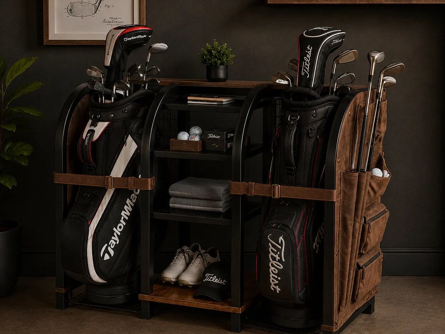 Freestanding golf club organizer holding two golf bags