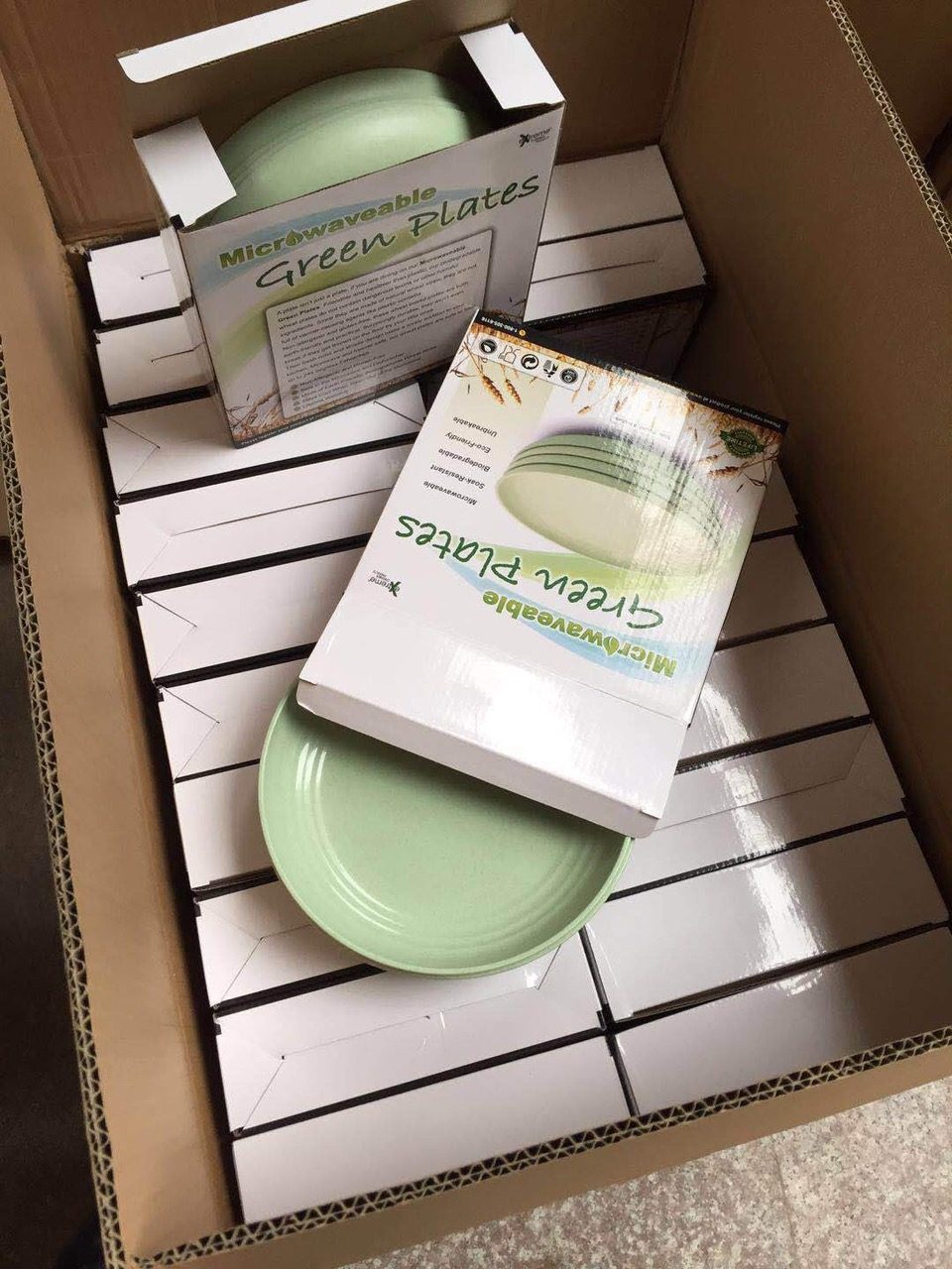 Printed retail boxes for green plates stacked in a corrugated master carton with paperboard dividers, one box open to show the plates inside
