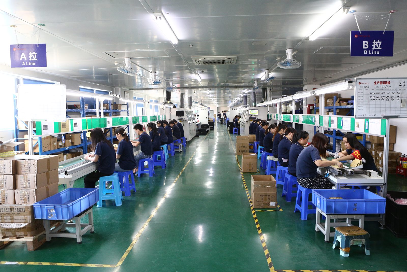 Two parallel electronics assembly lines, marked A and B, with operators at benches and cartons of parts in a clean factory hall