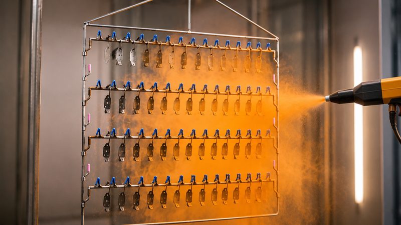 Dozens of small brackets hang on one rack while an electrostatic gun lays down orange powder