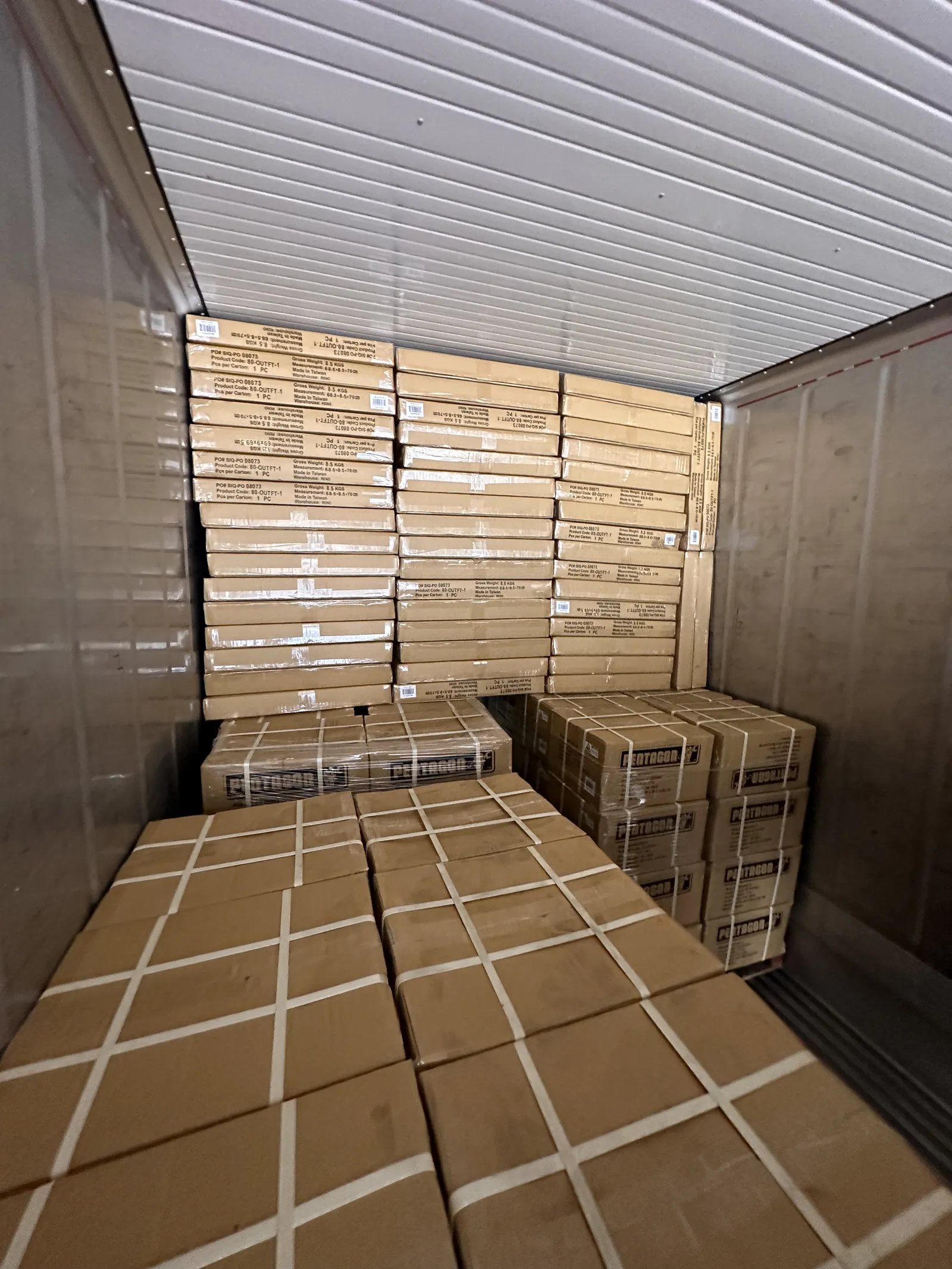 Cartons blocked and braced inside a loaded shipping container