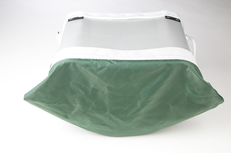 A green orchard picking bag with a steel frame