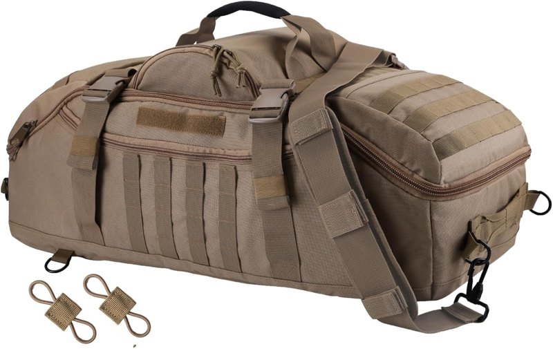 A tan tactical duffel bag with MOLLE webbing panels