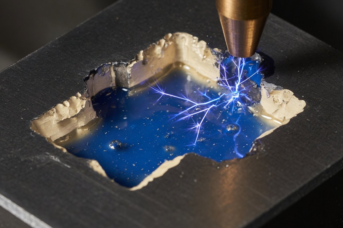 EDM spark cutting a cavity in tool steel