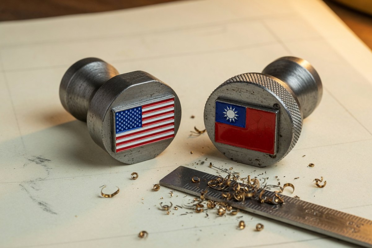 Steel origin stamps inlaid with the United States and Taiwan flags