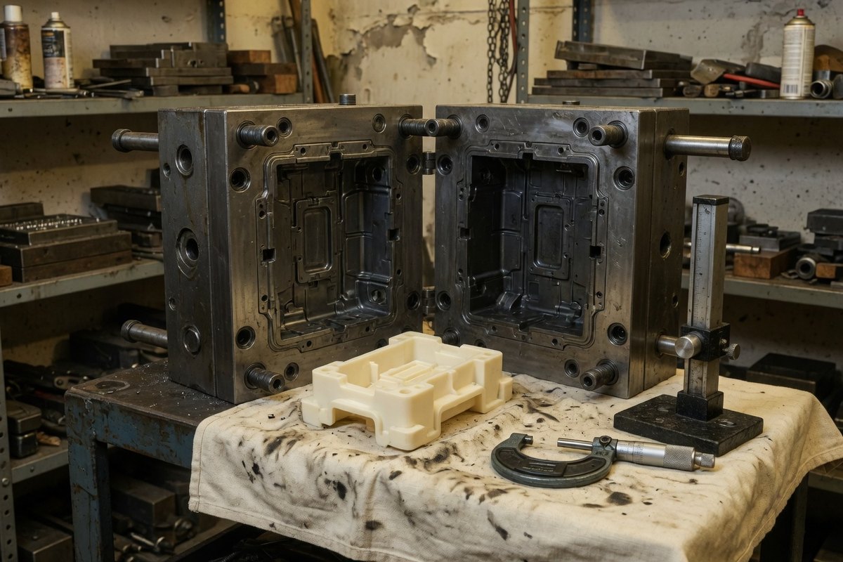 Open injection mold with a first-article part and measuring tools