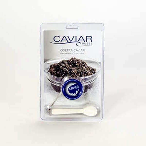 A clear caviar clamshell retail pack with printed card