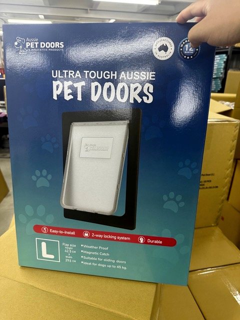 Aussie Pet Doors Ultra Tough pet door retail box with window