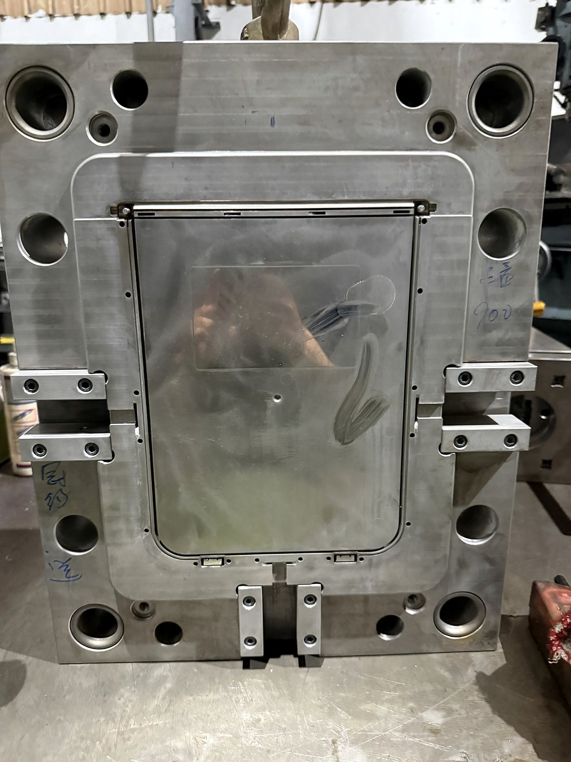 A mold base with the insert seated, waiting for trial.